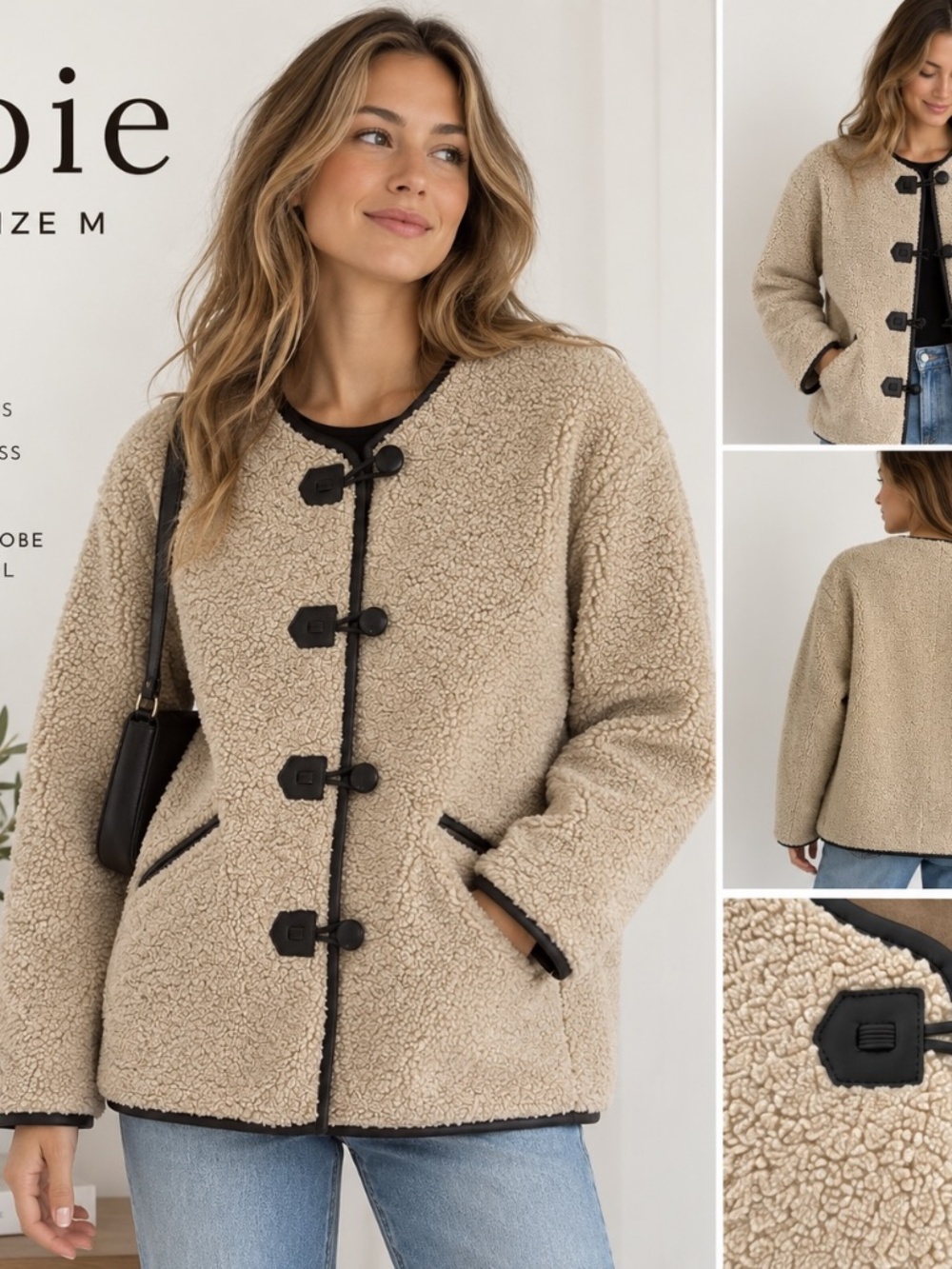 Joie Faux Shearling Sherpa Toggle Coat Beige Brown Size M